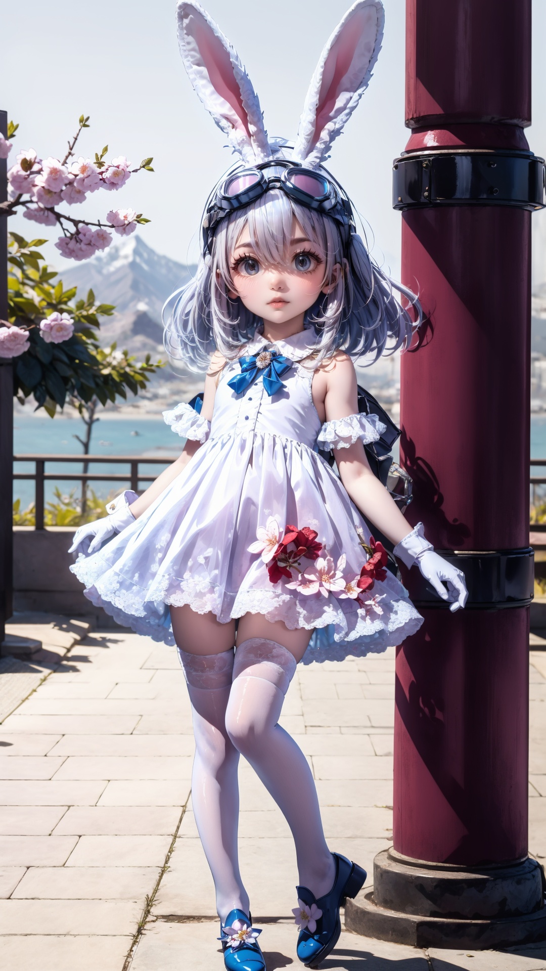 tutututu,1girl,solo,wrist cuffs,rabbit ears,white dress,white gloves,blue footwear,goggles on head,sleeveless dress,bangs,blue bow,white hair,short hair,white thighhighs,<lora:lihaigeQ-000006:0.9>,masterpiece,best quality,summer,seaside,fruit,full body,hat,long hair,looking at viewer,red flower,Plum blossoms,red plum blossoms,coconut trees,sitting,solo,sky,sun,mountain,forest,