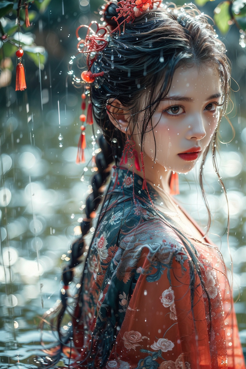 1girl, solo, hair ornament, black hair, long hair, rain, realistic, upper body, red lips, braid, blurry, chinese clothes, water, lips, wet, from side, blue eyes, makeup, outdoors<lora:HTTP_20240115220048-000006:1>