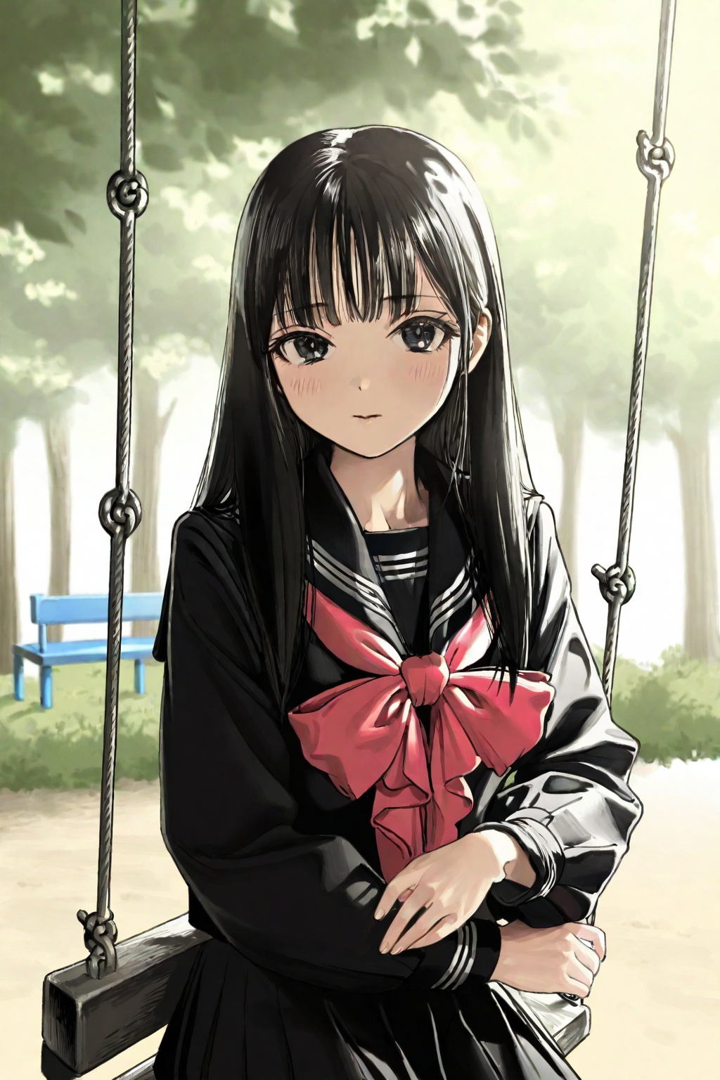 highres,absurdres,very awa,masterpiece,best quality,newest,year 2024,\n,<lora:BetterLine-Style:1>,\n,(upper body:1.6),1girl,solo,long hair,skirt,school uniform,swing,pantyhose,black pantyhose,black hair,pleated skirt,looking at viewer,serafuku,sitting,red neckerchief,sailor collar,neckerchief,long sleeves,outdoors,bag,closed mouth,black eyes,shirt,black shirt,black skirt,black serafuku,feet out of frame,park, forest,
