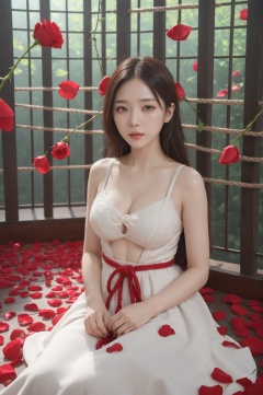 1 girl,solo,korean_text,clear skin texture,colorful,masterpiece,best quality,absurdres,medium breasts,full_shot,((rose)), (vine), cage, bandage, red rope, (detail light), falling rose petals,