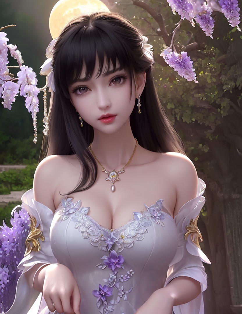 ultra realistic 8k cg, picture-perfect face, flawless, clean, masterpiece, professional artwork, famous artwork, cinematic lighting, cinematic bloom, perfect face, beautiful face, fantasy, dreamlike, unreal, science fiction,   lace, lace trim, lace-trimmed legwear,  (rich:1.4), prestige, luxury, jewelry, diamond, gold, pearl, gem, sapphire, ruby, emerald, intricate detail, delicate pattern, charming, alluring, seductive, erotic, enchanting, hair ornament, necklace, earrings, bracelet, armlet,halo((,1girl, pov,))(((1girl, jewelry, solo,breasts, looking_at_viewer,  outdoors,  full moon,  upper body, wisteria, chloris garden,  cherry blossoms, )))    <lora:DA_YueChanTeen:0.6>