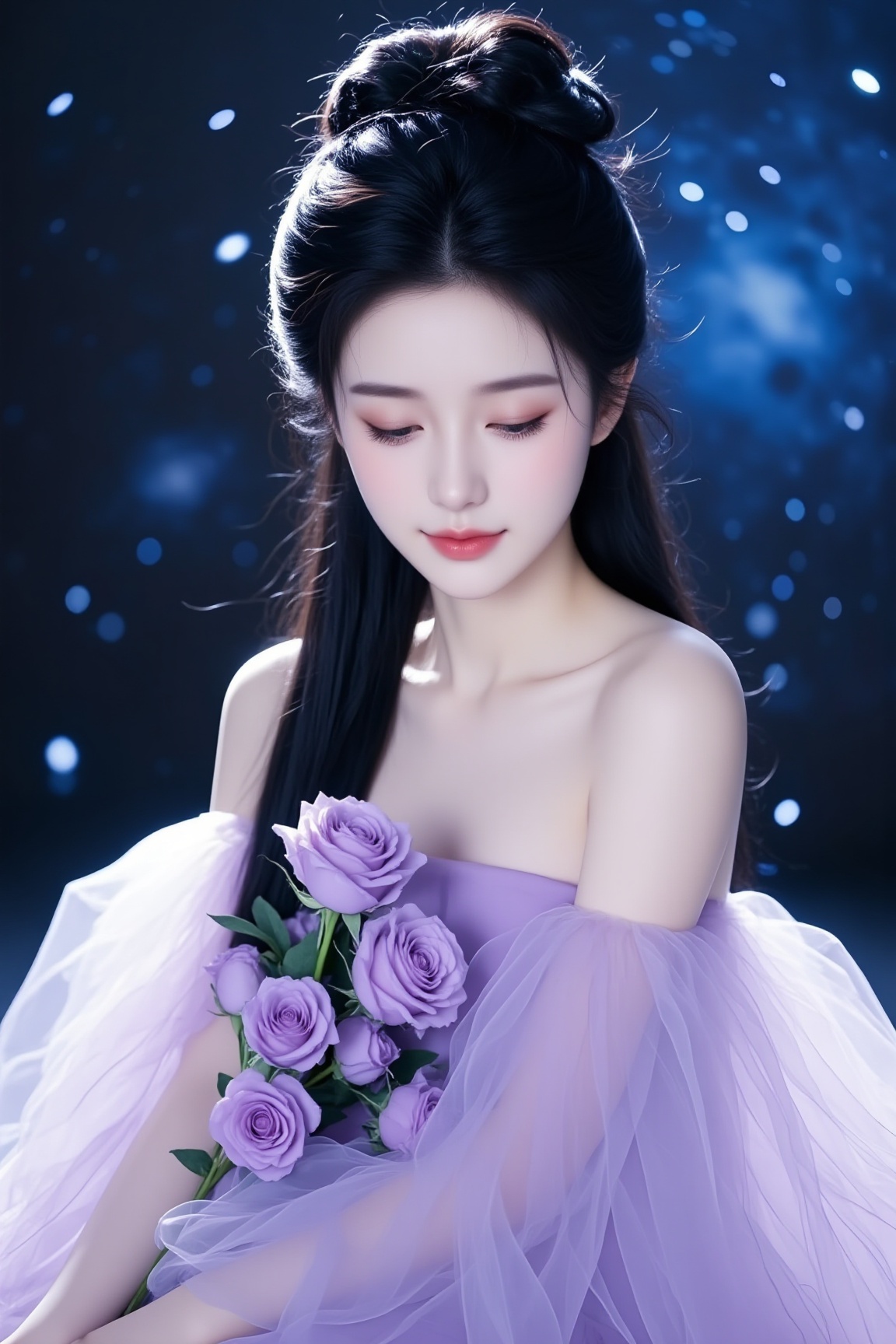 <lora:YY-拽姐F.1:1>, a young Asian woman with a delicate, ethereal aesthetic. She has a fair complexion and long, straight, jet-black hair styled in an intricate updo with loose strands framing her face. Her eyes are almond-shaped and a striking shade of deep brown, accentuated with subtle makeup. She wears a sleeveless, off-the-shoulder gown made of sheer, lavender tulle, which flows gracefully around her, creating a dreamy, almost ethereal effect. The dress is adorned with a bouquet of lavender roses, which she holds delicately in her right hand. She has a serene, almost meditative expression on her face, with her left hand resting gently on her lap.The background is a deep blue, with a galaxy-like effect, featuring soft, out-of-focus white bokeh lights that add to the dreamy ambiance. The overall mood is one of tranquility and elegance, enhanced by the soft lighting and the delicate, dreamy textures of her dress and the flowers. The photograph exudes a sense of timeless beauty and serenity, blending elements of fantasy and romance.