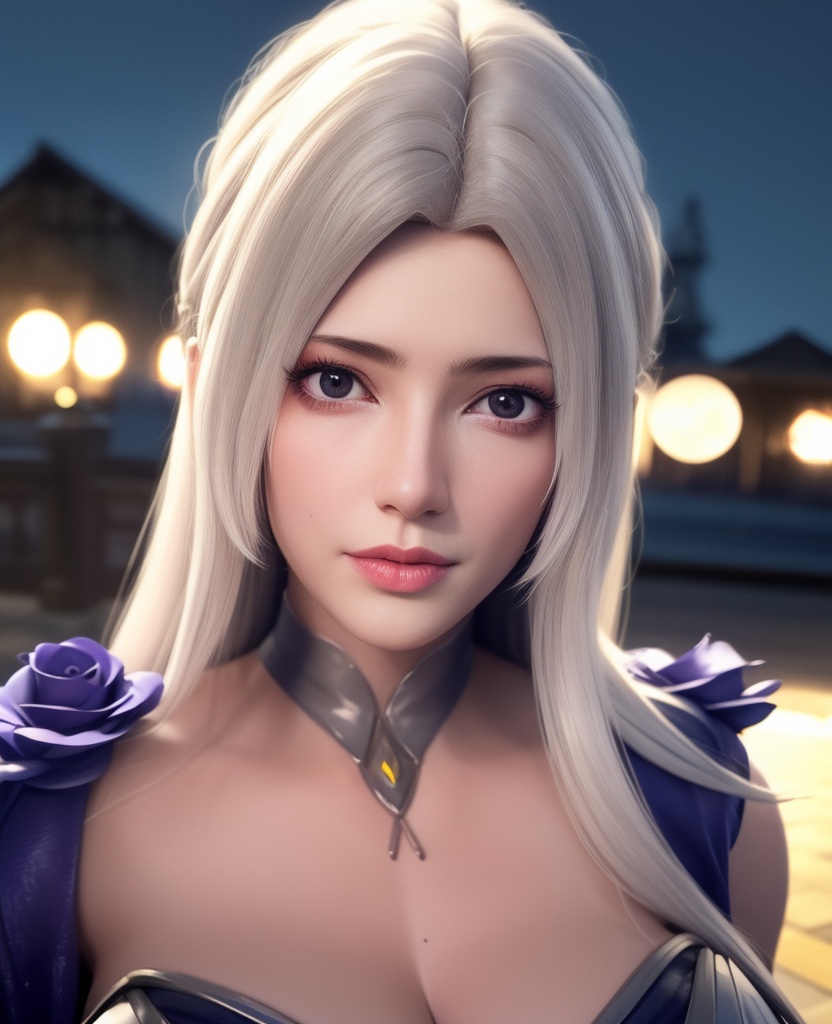 <lora:584-DA-星辰变-白灵:0.8>(,1girl, ,best quality, ),looking at viewer,masterpiece, (( , )),, realistic,science fiction,mole, ultra realistic 8k cg, moonlight,full moon,  rose,(cleavage), (),