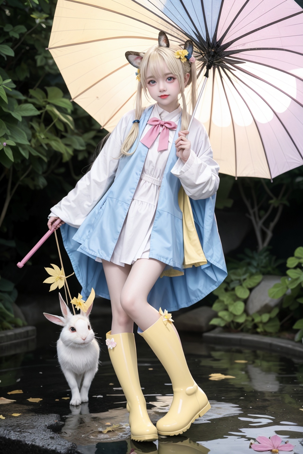 1girl, rainbow, raincoat, yellow raincoat, rubber boots, hydrangea, flower, long hair, twintails, boots, blush, umbrella, open mouth, hair ornament, white background, hood, solo, teruterubouzu, very long hair, hood up, long sleeves, low twintails, bow, bangs, smile, animal hood, blue eyes, rabbit, closed umbrella, puddle, full body, :d, snail, yellow footwear, simple background, pink flower, standing, leaf umbrella, holding umbrella, food-themed hair ornament, hair bow, animal ears, holding, blonde hair, hair flower, rain, animal
