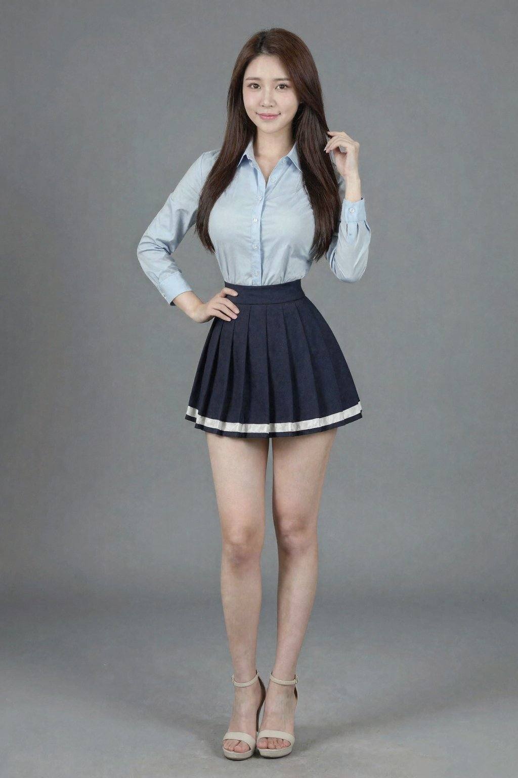 <lora:20260207_TinZITGirlLoraB:1>, A photograph of an Asian woman with long, straight, brown hair, standing against a plain gray background. She is wearing a light blue, long-sleeve button-up blouse with a fitted waist and a dark blue pleated skirt with white trim, accentuating her slim figure. Her skin tone is fair, and she is wearing beige high-heeled sandals. She has a confident smile, with one hand on her hip and the other touching her hair. The image is well-lit, emphasizing her youthful and professional appearance, long legs,