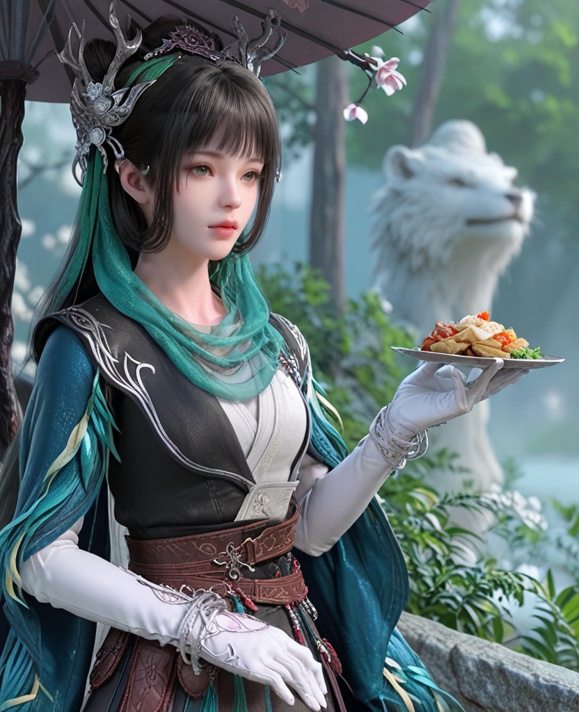 (oriental architecture, elegant decor, sophisticated style:1.1),(eating:1.1),(breasts:1.2),<lora:XL剑网三陈月宗主:0.95>,miss chenyue,dress,black hair,hair ornament,earlock,blunt bangs,white gloves,belt,scarf,bracelet,, score_9,score_8_up,score_7_up,score_6_up,score_5_up,score_4_up,3d rendering,tag1,tag2, Cinematic Lighting,backlighting,