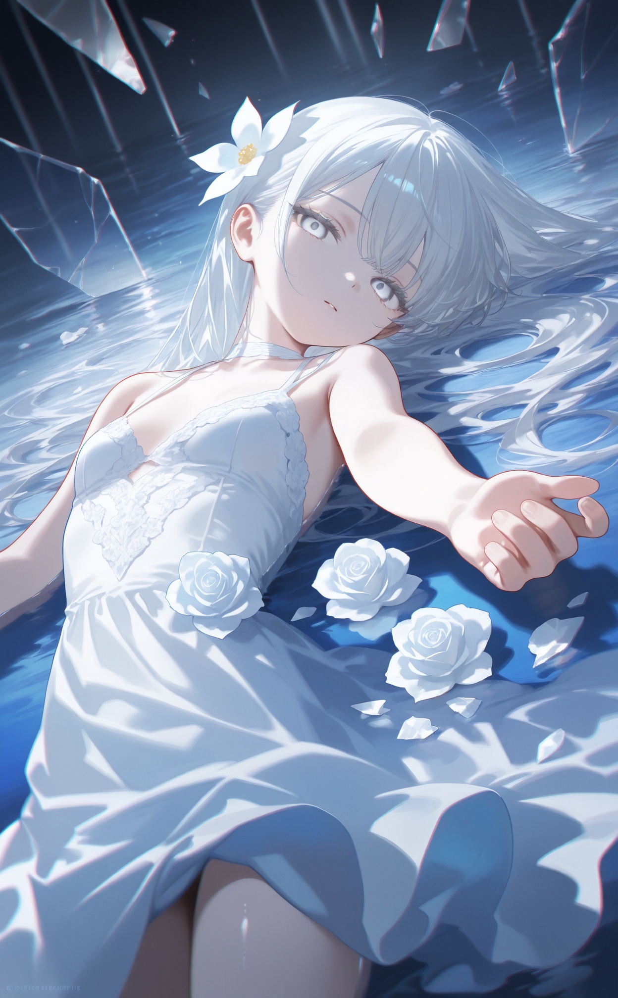 masterpiece,absurdres,best quality,((petite)),loli,high quality,chromatic_aberration,shiny_skin,//,background light,loli,loli,1girl,solo,long hair,dress,looking at viewer,white eyes,glass,white dress,grey eyes,white hair,flower,broken glass,white theme,dress flower,blue theme,bare shoulders,glass shards,white flower,reaching,reaching towards viewer,water,parted lips,closed mouth,sleeveless,reflection,sleeveless dress,white rose,watermark,expressionless,