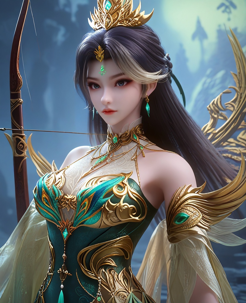 (Archer's Stance, Holding an imaginary bow, ready to shoot an arrow with intense focus,:1.1),looking at viewer,(large breasts:1.2),<lora:XL16云深不知梦燕倾霏典仪司:0.95>,miss yanqingfei,green tiered gown,forehead jewel,black hair,white streaked hair,long hair,half-up braid with long cascading hair,hair ornament,earrings,jewelry,armlet,bracelet,collar,wide flowing sleeves,, score_9,score_8_up,score_7_up,score_6_up,score_5_up,score_4_up,3d rendering,tag1,tag2, Cinematic Lighting,backlighting,