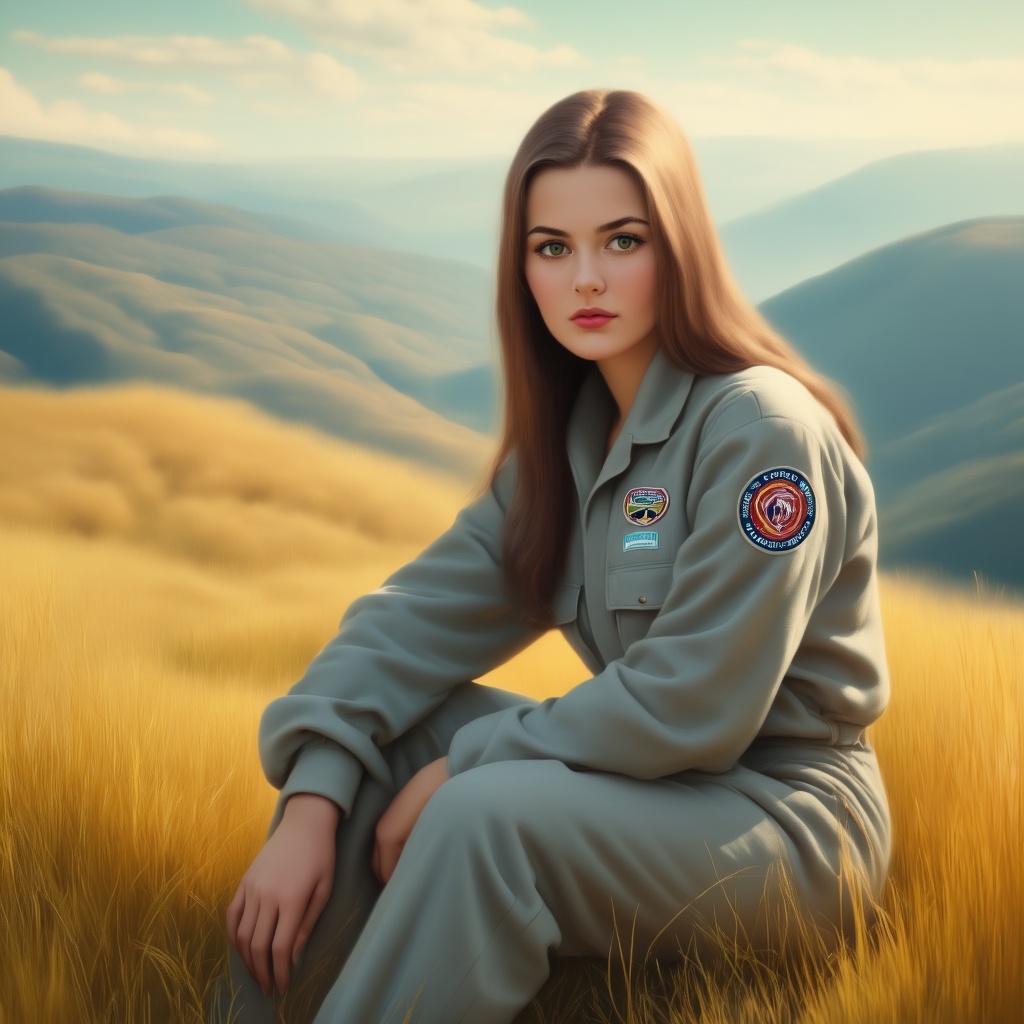 A portrait of a young woman seated in a field of tall,  golden grass. She wears a light gray jumpsuit with patches and a l...