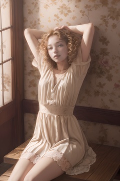 cinematic_angle, This is a photograph of a woman lying on a wooden table with a wallpaper with a floral pattern on the background. Women have fluffy and curly hair and wear a light-colored dress with lace details on the skirt. Her legs are outstretched, her toes are pointing to the sky, one hand is supporting her head, and the other is resting on the table. The whole scene has a retro and romantic feel to it.