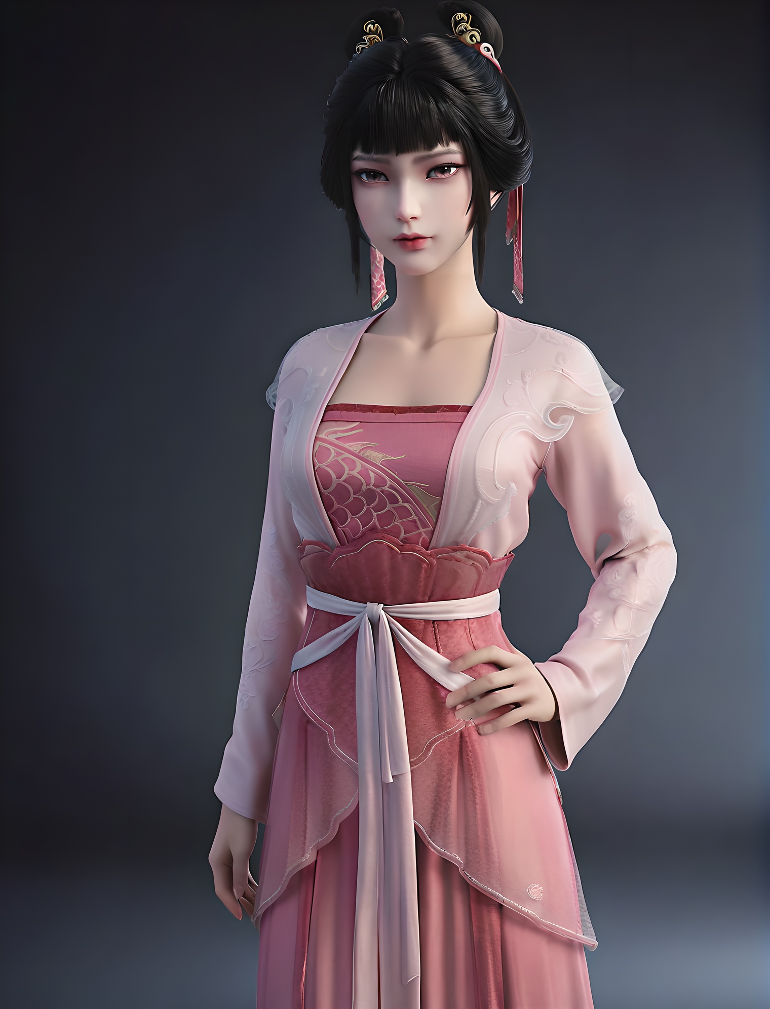 fair_skin,white_skin,Ivory_skin,score_9,<lora:SF_ZhiGui_Pony_Realism-000004:0.72>,pink dress,hair ornament,black hair,1girl,standing,breasts,long sleeves,solo,looking at viewer,simple background,cowboy_shot,