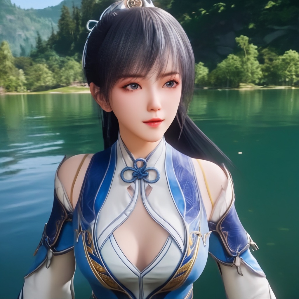 <lora:849-DA-XL-斗罗大陆-唐雅:0.8>, (,1girl, ,best quality, ),,  ,ultra detailed 8k cg,   ,masterpiece, (( , )) , lake,upper body,   (cleavage),,  (),