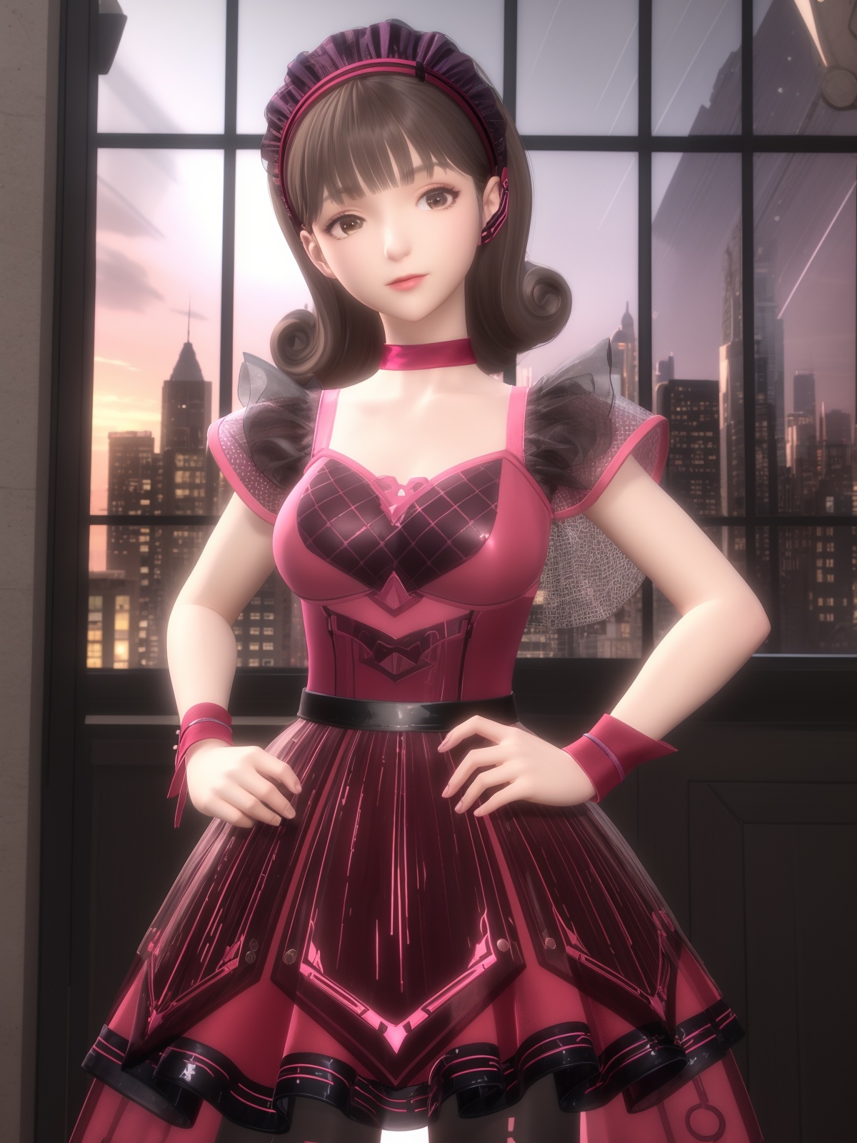 SYNNliexinzhiling, 1girl, solo, brown hair, dress,hairband, pantyhose, brown eyes, choker,short hair,wrist cuffs,boots, <lora:SYNNliexinzhiling:0.75>,cityscape,night,indoors, window,  hand on hip, see-through, looking at viewer, curly hair,