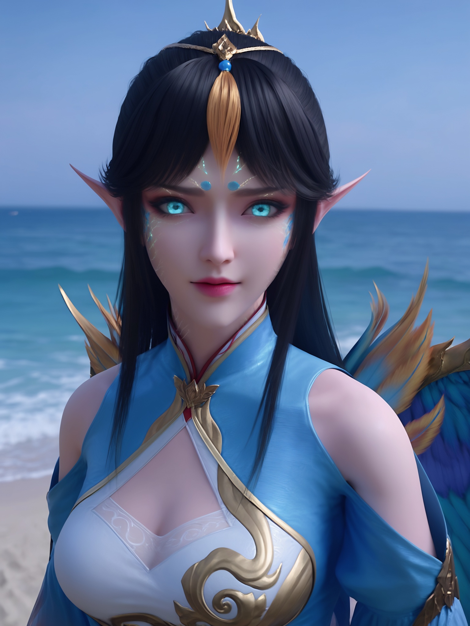 realistic style photo outstanding style,tall,cute,in her teens. Use soft lighting to cast gentle shadows on the subject,adding a touch of dimension to your images without compromising details,score_9,Seaside,beach,waves,<lora:斗破凤清儿变身Pony:0.8>,blue eyes,dark hair with a striking blonde streak and pointed,elf-like ears,a intricately designed outfit in shades of blue and white,featuring intricate gold embroidery and a high collar,luminescent wings,(wings:1.2),
