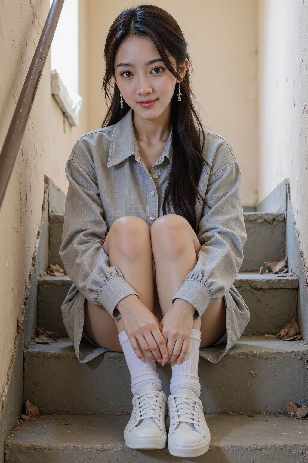 The image is a high-resolution photograph,girl,shirt,Stockings,Shoes,Vintage,This photo was taken on a sunny day. A young Asian girl was sitting on a shabby narrow staircase. The staircase seemed to be an abandoned old building. She had light brown skin,delicate makeup,perfect facial features,clear eyes,high nose bridge,big eyes,thin lips,long eyelashes,very beautiful ears,loose ponytail and long,straight black hair,she was wearing an oversized light gray plaid shirt and white knee-high socks,and white sneaker on her feet. Her dress was slightly messy,showing a casual and relaxed temperament. The stairs consisted of shabby gray concrete steps and rusty metal railings. The cracks and rotten patches visible in the peeling and aging walls added to the shabby atmosphere. The lady smiled and looked at the audience with a calm and introspective expression,her legs straight,knees bent,slightly hunched posture,highlighting her loneliness and concentration,this scene bathed in natural light,may come from,close up,
