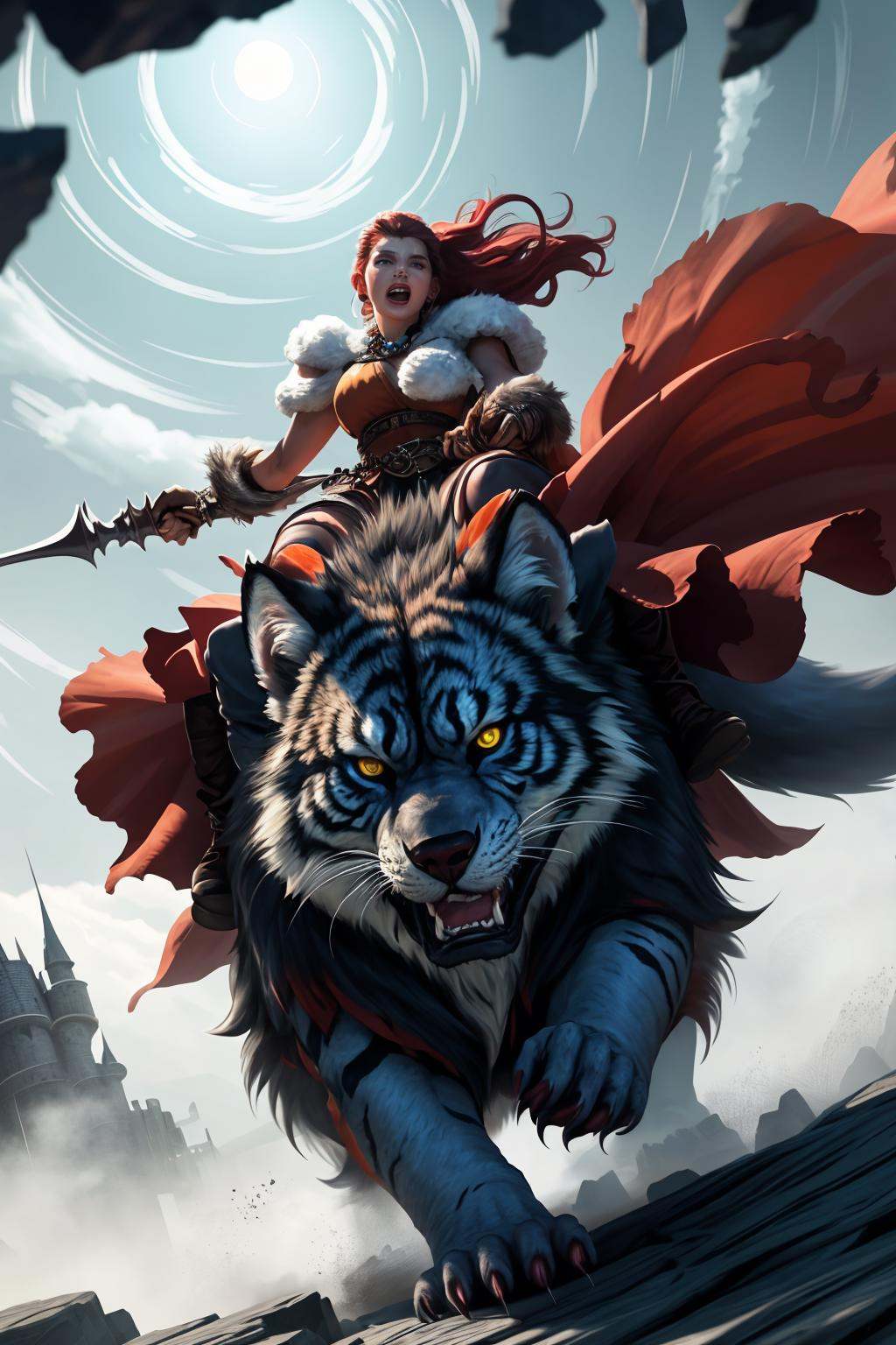 dungeons and dragons epic movie poster barbarian woman with cape charging into battle violent roar riding a vicious ice [w...