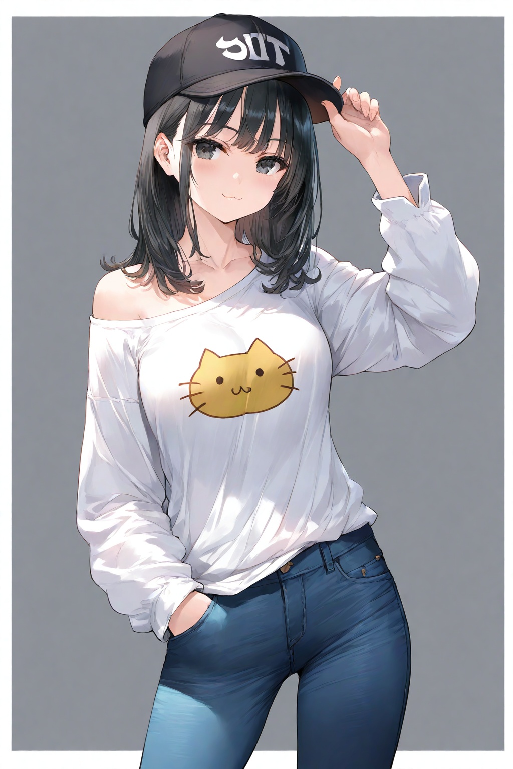 1girl, solo, black hair, hat, denim, pants, grey background, baseball cap, white border, jeans, shirt, looking at viewer, smile, border, black eyes, hand in pocket, white shirt, long sleeves, single bare shoulder, :3, hand on headwear, closed mouth, simple background, outside border, clothes writing, medium hair, adjusting headwear, off shoulder, cat print, animal print, breasts, black headwear, blue pants, adjusting clothes, collarbone, print shirt, medium breasts, standing, long hair, contrapposto, single off shoulder