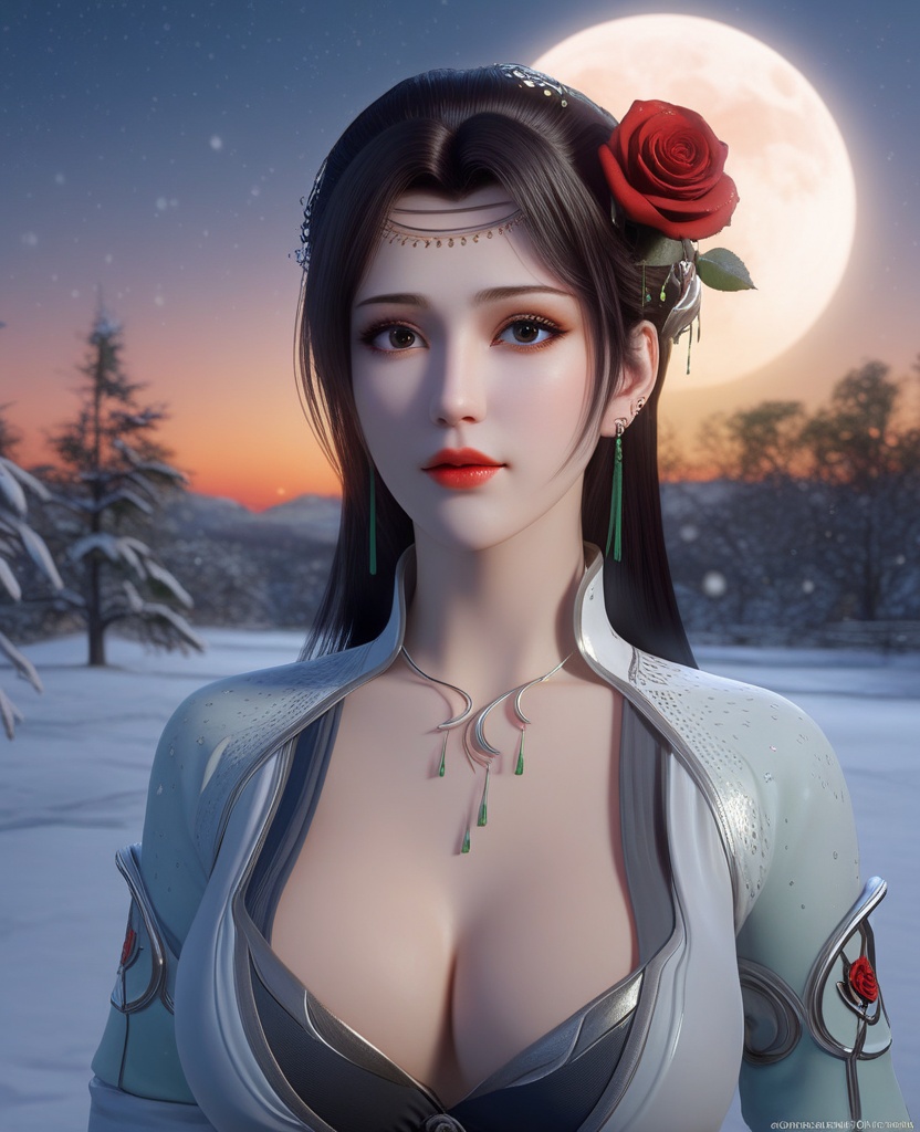 <lora:575-DA-XL-斗破苍穹-云韵-绿服:0.8>(,1girl, ,best quality, ),looking at viewer,masterpiece, (( , )),, realistic,science fiction,mole, ultra realistic 8k cg, ,      ,outdoors, snow, snowing, snow on head, sun,sunset,sunlight,moonlight,full moon, red moon,  crescent moon,  crescent rose,  black rose,       (cleavage), (),