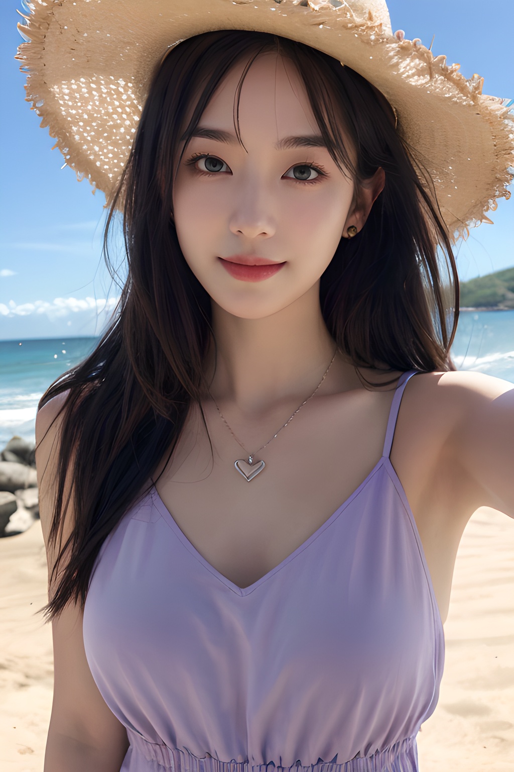 <lora:0817_03:0.4>,araffe girl with long hair wearing a purple dress, 1girl, solo, hat, straw hat, long hair, looking at viewer, necklace, jewelry, heart necklace, smile, heart, brown hair, bangs, day, beach, outdoors, upper body, black hair, sunlight, closed mouth, swimsuit, selfie, sky, ocean,, 1girl,realistic,masterpiece, best quality, photorealistic, HDR,detail