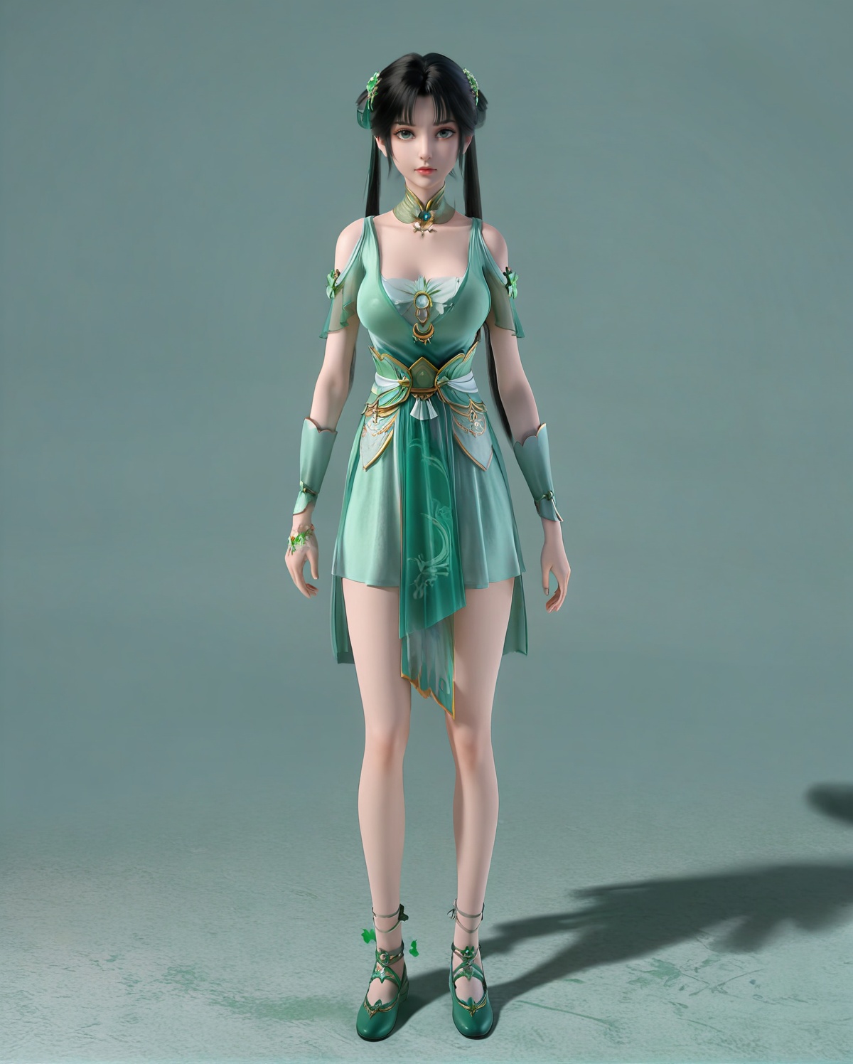 air_skin,white_skin,score_9,<lora:SF_BiYao_Pony_Realism-000004:0.7>,green dress,hair ornament,black hair,1girl,breasts,large breasts,standing, solo,green footwear,looking at viewer,simple background,