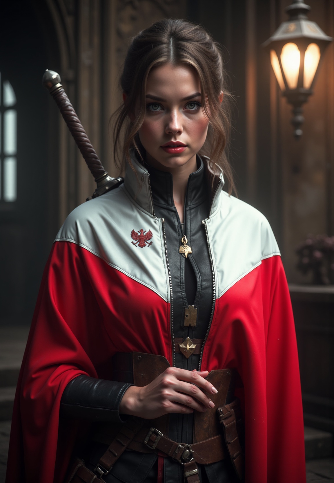 a beautiful polish woman wrapped in the polish flag. in one hand she holds a royal scimitar sword,  on her shoulder a pukl...