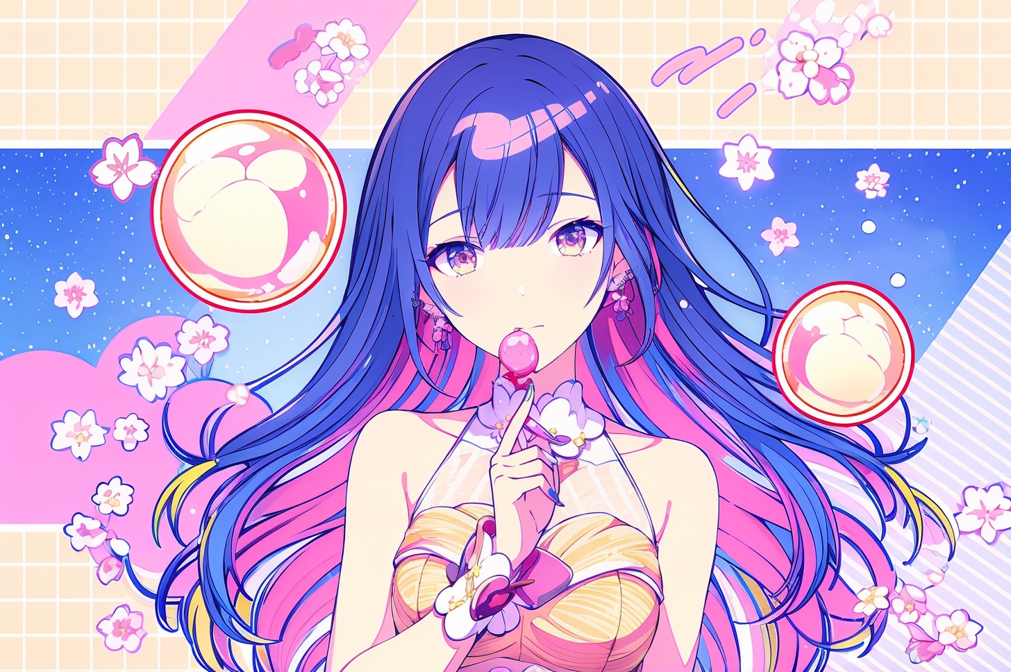 masterpiece,best quality,ultra-detailed,Best quality,masterpiece,(ultra-detailed),(illustration),1girl,mixed-blood,stars in the eyes,cherry blossoms,messy floating hair,crystal earrings,colored inner hair,Starry sky adorns hair,(colorful Bubble),(pearl),(Galaxy),depth of field,lace-trimmed dress,<lora:这应该是个壁纸Lora:1.2>,
