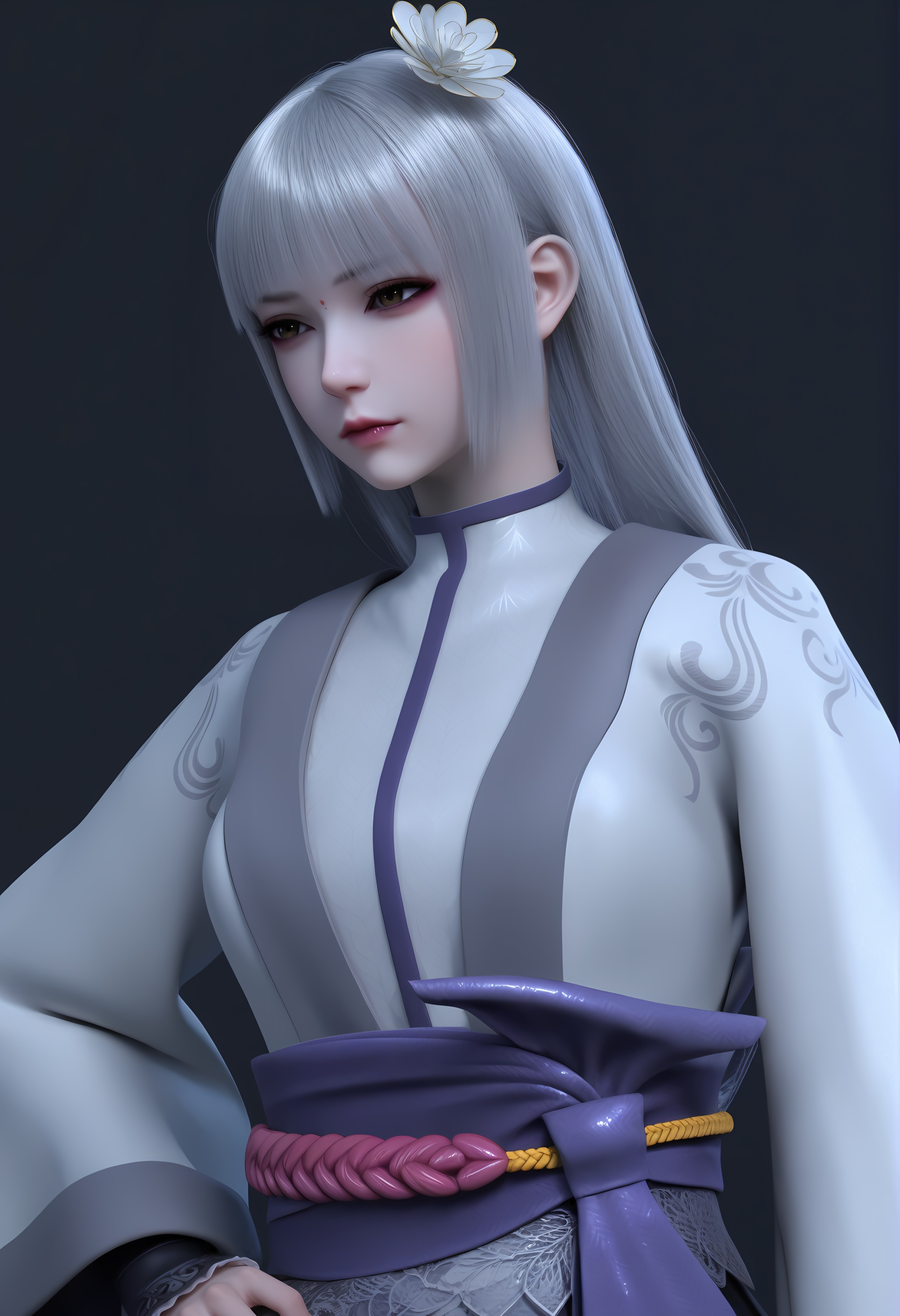 (score_9),<lora:苏红息-apony:0.83>,shuxihong,1girl,solo,red dot,long hair,silver hair,hair ornament,hair flower,bangs,kimono,sash,short kimono,obi,(glamor),curvy,pointy chest,puffy chest,BREAK<lora:Expressive_H-000001:0.8>,light blush,Expressiveh,looking down,<lora:e肤色滑块:0.25>,fair_skin,(pale skin),<lora:e色温:0.25>,ultra-detailed skin texture,detailed textures,<lora:皮肤凹痕:1.2>,<lora:RealisticSkinv1_ponyv6_loraplus:0.5>,real skin,BREAKsimple background,black background,4K ultra HD,sharp focus,high detail,high contrast,