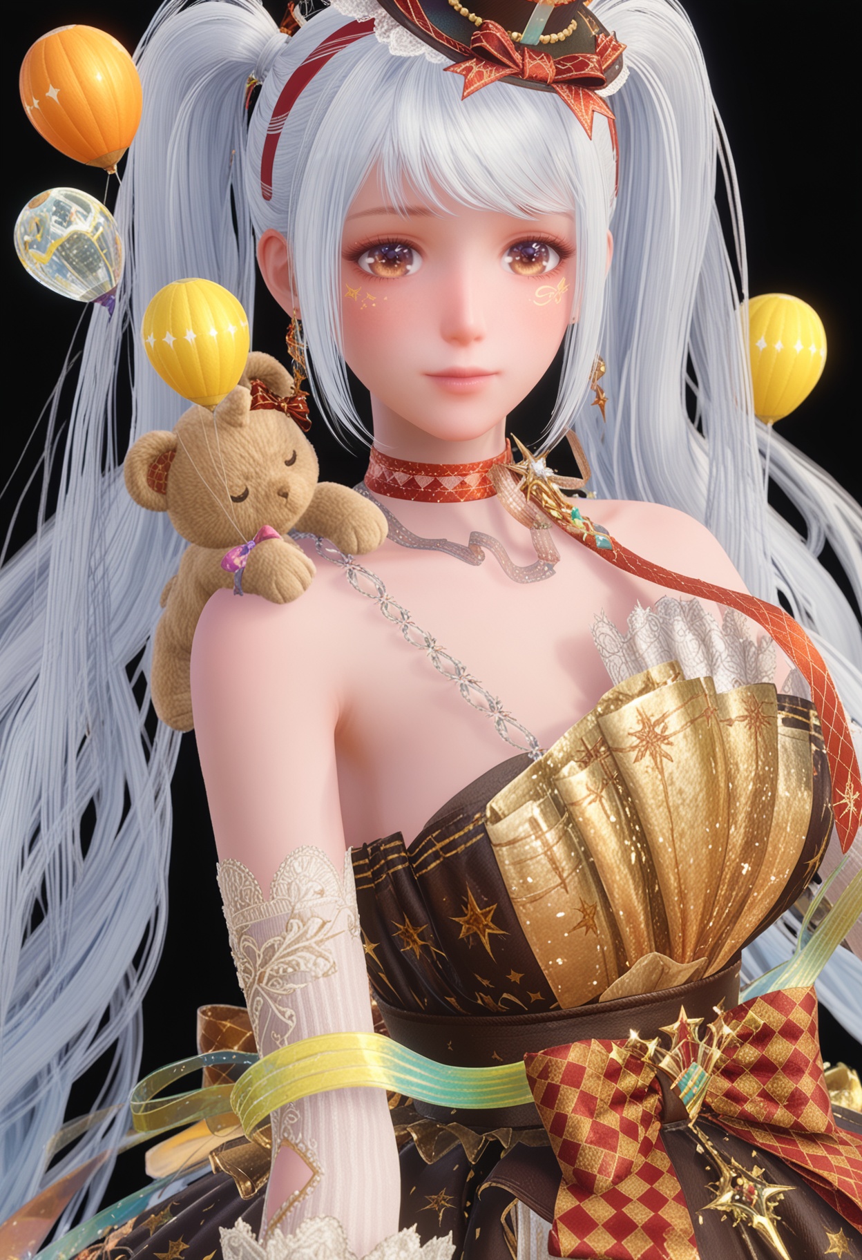 perfect_anatomy,(upper_body:1.2),<lora:YQponynuannuanfuzhuangV3:0.8>,q1528437228,solo,1girl,long hair,dress,white hair,twintails,hat,jewelry,very long hair,mini hat,gloves,earrings,pantyhose,stuffed animal,stuffed toy,teddy bear,brown eyes,bare shoulders,top hat,ribbon,high heels,ponytail,white gloves,choker,black footwear,blue hair,mini top hat,ankle bow,balloon,hairband,looking_at_viewer,huge breasts,fair_skin,white_skin,shiny_skin,Ivory_skin,perfect_anatomy BREAK perfect_anatomy,(score_9:1.3),(simple background,black background:1.1),fair_skin,white_skin,shiny_skin,Ivory_skin,(cinematic lighting:0.9),(volumetric lighting:0.9),(low quality:-1.2),perfect_anatomy,