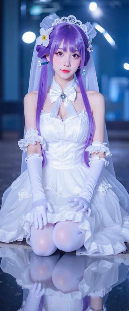 keqing cosplay costume, keqing, cosplay, alternate costume, purple hair, twintails, long hair, hair bun, cone hair bun, dress, white dress, wedding dress, sleeveless dress, frills, lace trim, gloves, white gloves, elbow gloves, bow, bowtie, flower, veil, bridal veil, bride, hair ornament, hair flower, hair ribbon, hair bow, thighhighs, lace-trimmed legwear, frilled thighhighs, white thighhighs, high heels,(((photo raw)),),from front,Alternate Reality, Stylish Fashion, Creative Art, Unique Aesthetic,Alternative Style,reflective light,glowing,energy, reflection ,wearing see-through cheongsam,