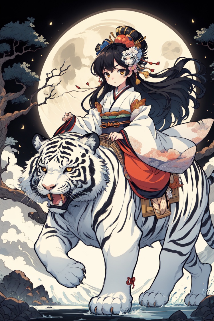 1girl, riding, tiger, japanese clothes, moon, black hair, kimono, long hair, hair ornament, flower, solo, hair flower, sash, white tiger, full moon, animal, obi, sidesaddle, kanzashi, geta, tree<lora:kim_画虎_v1:0.8>