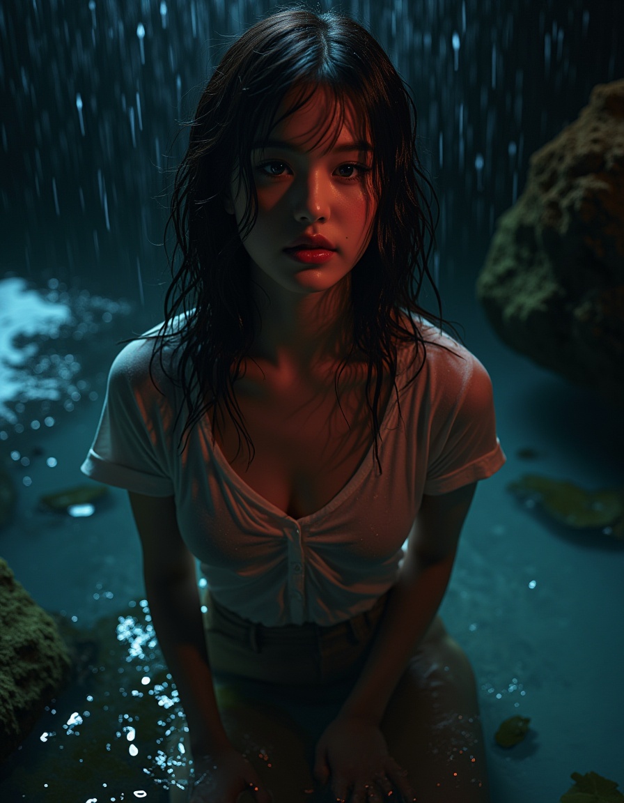 ,1girl,wearing wet tshirt water drops,splash detailed,surreal dramatic lighting shadow (lofi, analog),kodak film by Brandon Woelfel Ryan McGinley,