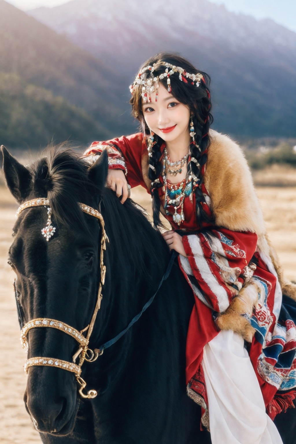 1girl,solo,black hair,realistic,looking at viewer,long hair,smile,<lora:neimenggu_muggle:0.6>,neimenggu muggle,1girl,black hair,riding,jewelry,braid,long hair,outdoors,hair ornament,necklace,animal,horse,blue eyes,dress,