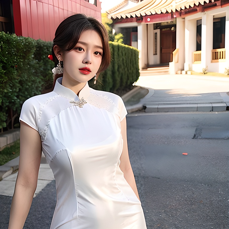 1girl, white_cheongsam <lora:旗袍:0.8>white_cheongsam