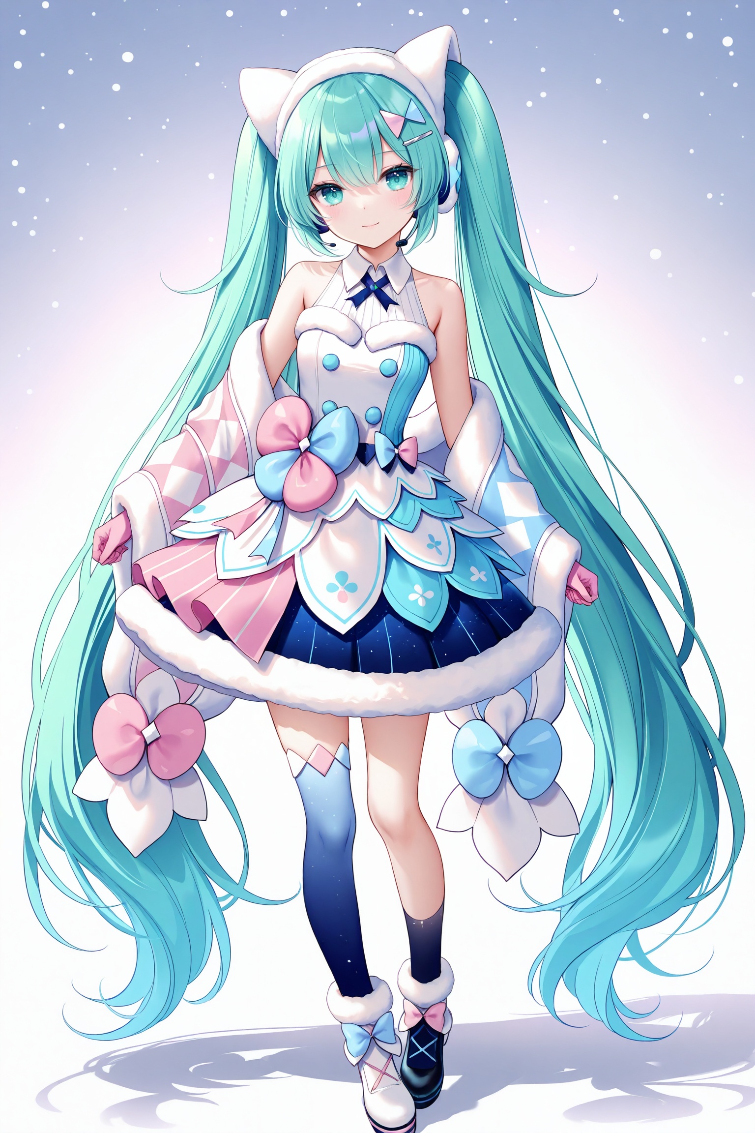 masterpiece,best quality,newest,absurdres,highres,soft shadows,photorealistic,(chen bin:0.5),(hiten \(hitenkei\):0.4),(rimuu:0.5),(mignon:0.5),(sheya:0.6),<lora:MMM2020winterXLNAI:1>,magical mirai miku \(2020 winter\),hairclip,shawl,hairband hair ornament,fur trim,fur-trimmed gloves,fur-trimmed dress,white dress,single thighhigh,blue thighhighs,mismatched footwear,asymmetrical footwear,full body,