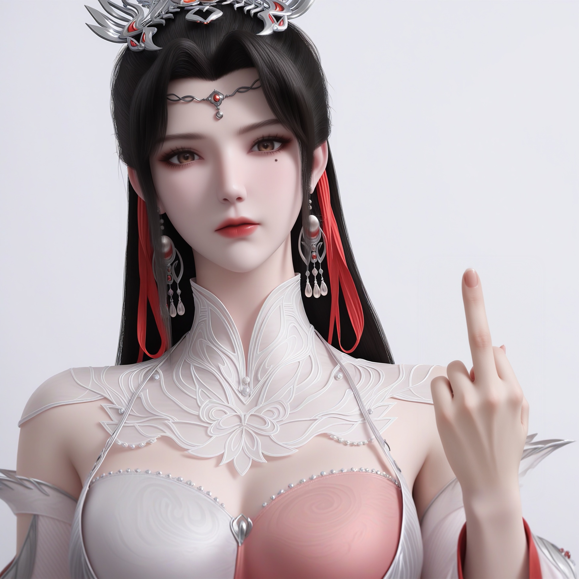 masterpiece,best quality,absurdres,highres,mature female,glamor,(slender:1.1),solo,<lora:柳眉-ill-000009:0.85>,liumei,long hair,black hair,hair ribbon,dangling earrings,crown-like hair ornament,hair ornament,forehead decoration,single hair bun,mole under eye,grey yes,brown_pupils,light blush,BREAKcollarbone,sheer overlay,mandarin collar,jewelry,halter dress,detached sleeves,two-tone bustier,looking at viewer,(front view),(middle_finger),upper body,BREAK(white_skin:1.1),(fair_skin:1.1),realistic,simple background,white background,