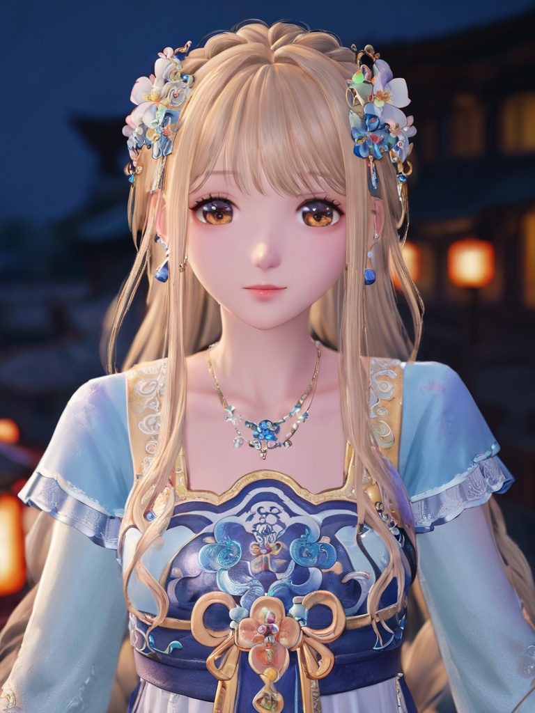<lora:test1:0.7>,chinese clothes,1girl,jewelry,solo,blonde hair,long hair,hair ornament,necklace,dress,brown eyes,flower,long sleeves,hanfu,upper body,looking at viewer,hair flower,dark background,earrings,simple background,braid,cuteg,medium eyes,china architecture,lantern festival, china lantern