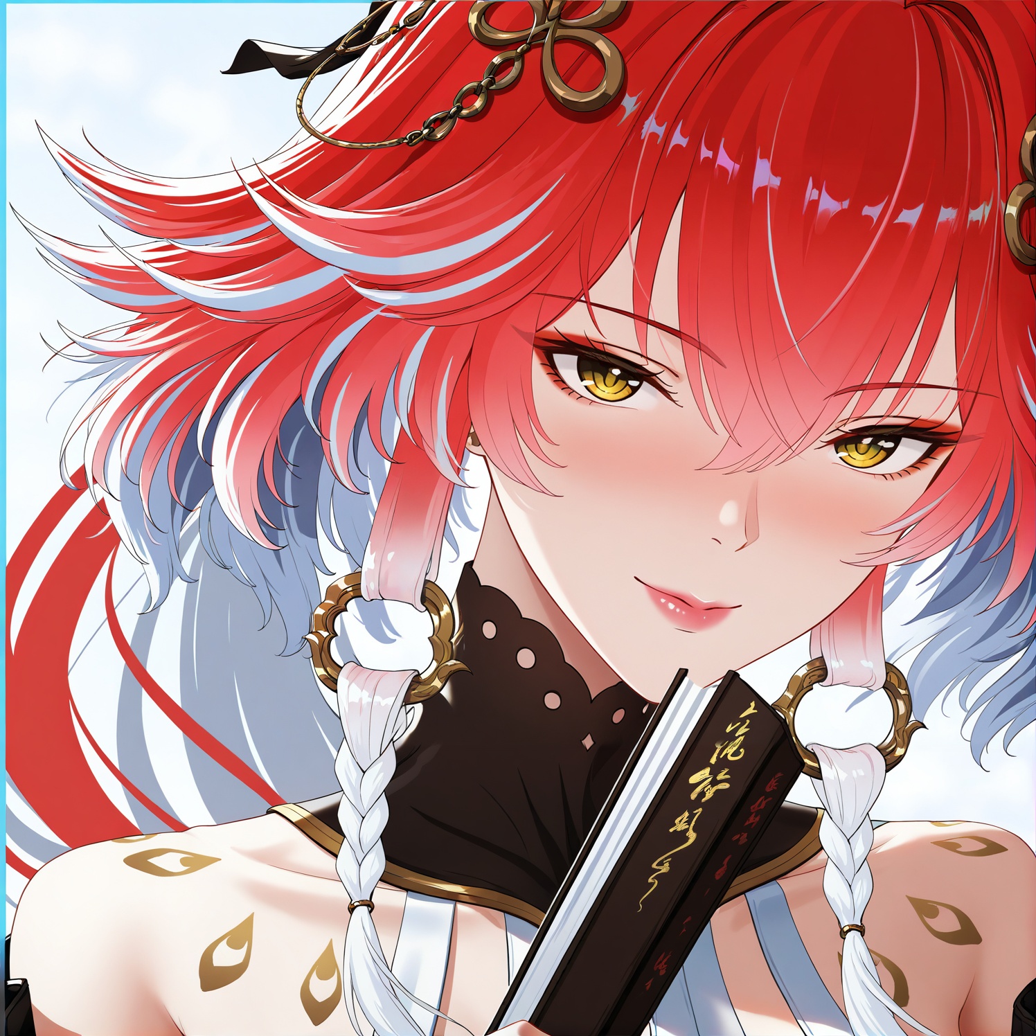 (wlop:0.6),best quality,very aesthetic,pink lips,thin lips,sexy,folding_fan,fan,holding fan,holding,holding fan,solo,open folding fan,the fan blocks half of the face,upper body,<lora:长离长离:1>,changli,1 woman,yujie,long hair,bangs,hair ornament,hair between eyes,yellow eyes,pink hair,ahoge,red hair,