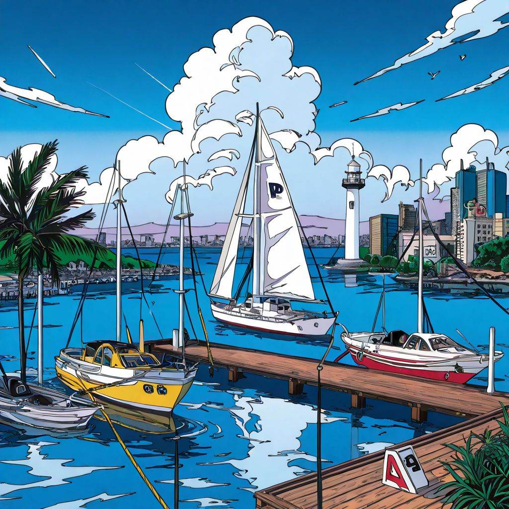 city scene. Retro anime,  detailed illsytration,  A stylish illustration of a marina inspired by the aesthetic styles of E...