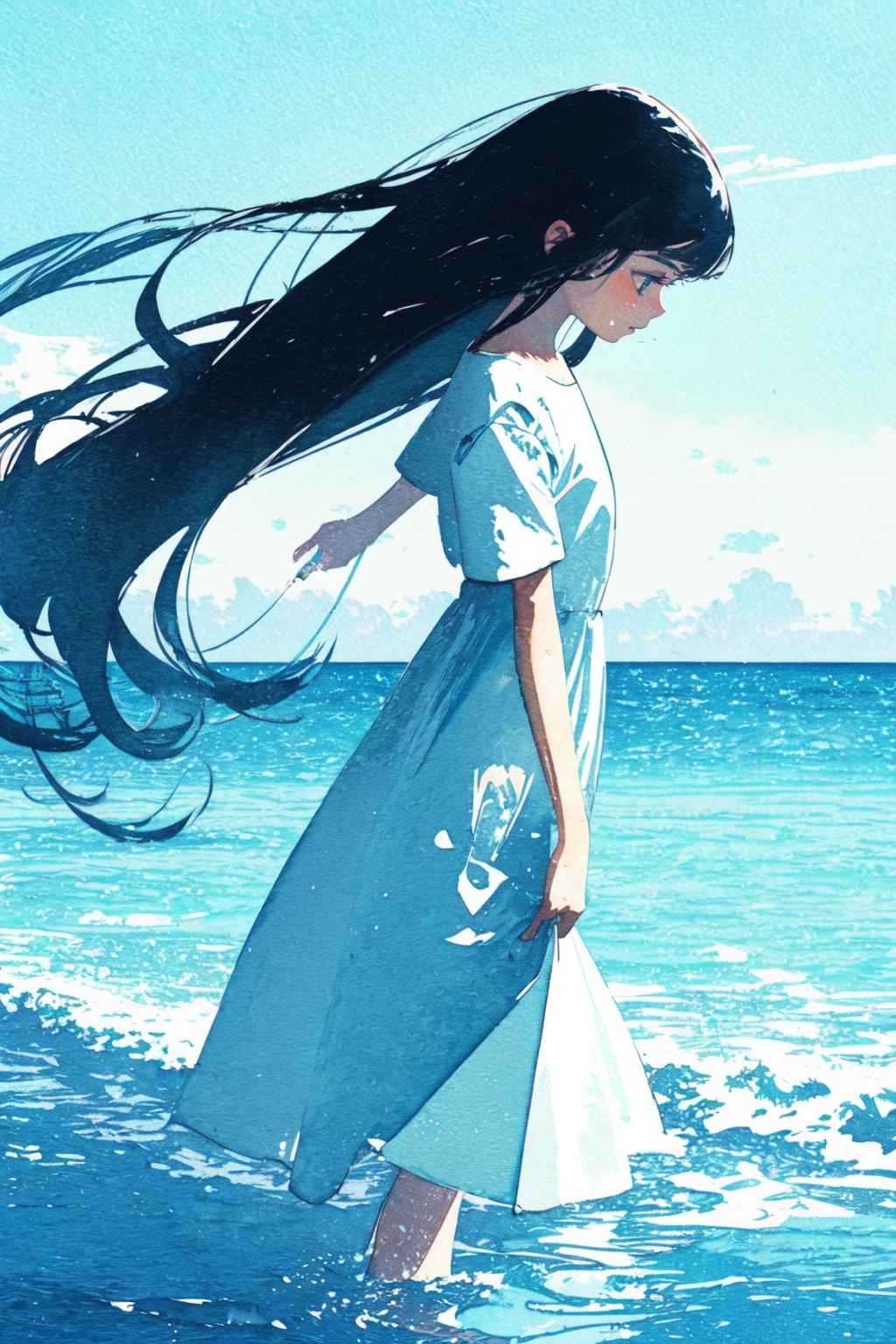 doudou style,watercolor style,1girl,solo,long hair,dress,white dress,black hair,ocean,short sleeves,cloud,outdoors,sky,waves,standing,wide shot,water,day,wading,horizon,very long hair,floating hair,