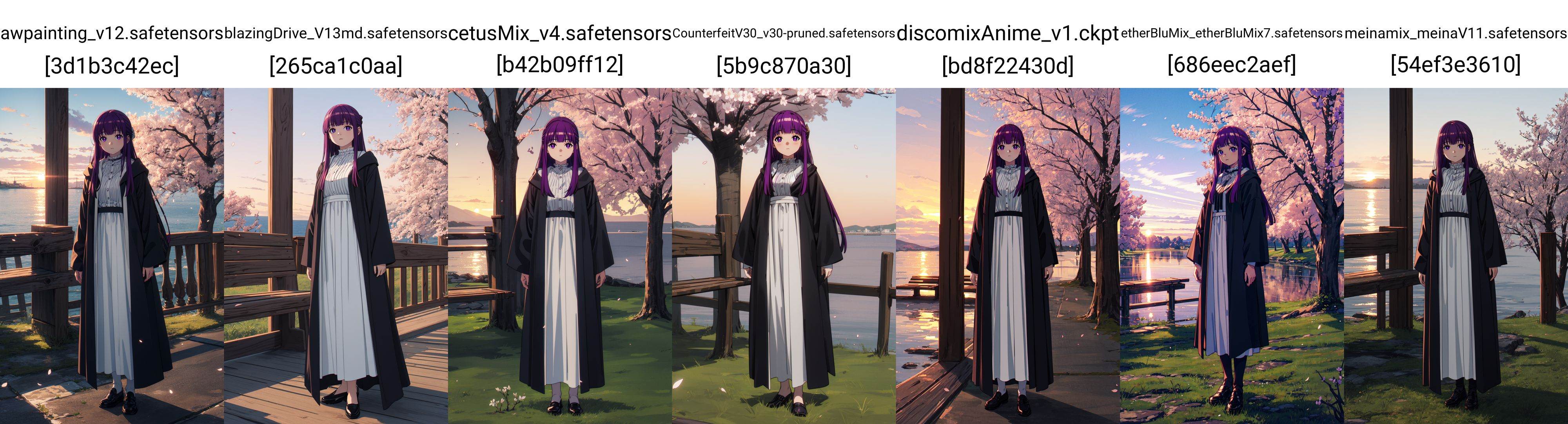 masterpiece,best quality,cinematic lighting,1girl,solo,full body,(looking at viewer:1.1),(standing:1.2),<lora:lora-000010.by_tusi:1>,Fern_SNF,purple hair,very long hair,blunt bangs,sidelocks,half updo,purple eyes,dress,white dress,robe,black robe,open_clothes,long sleeves,BREAKscenery,Sunset,Orange hues,Serenity,Coastal views,Cherry blossoms,Magnolia trees,Park benches,Afternoon,<lora:增强减少细节add_detail:0.5>,8k,ultra-detailed,