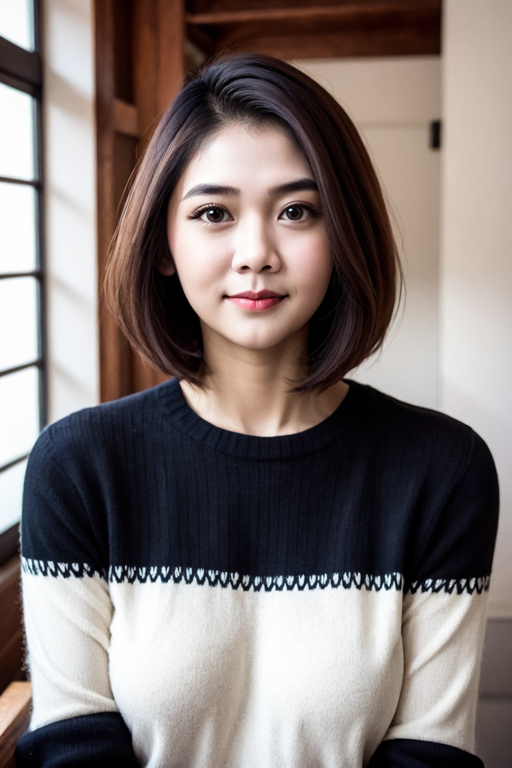 raw photo young cute indonesian woman look at camera,  black bob hair,  upper body on Tensor.Art