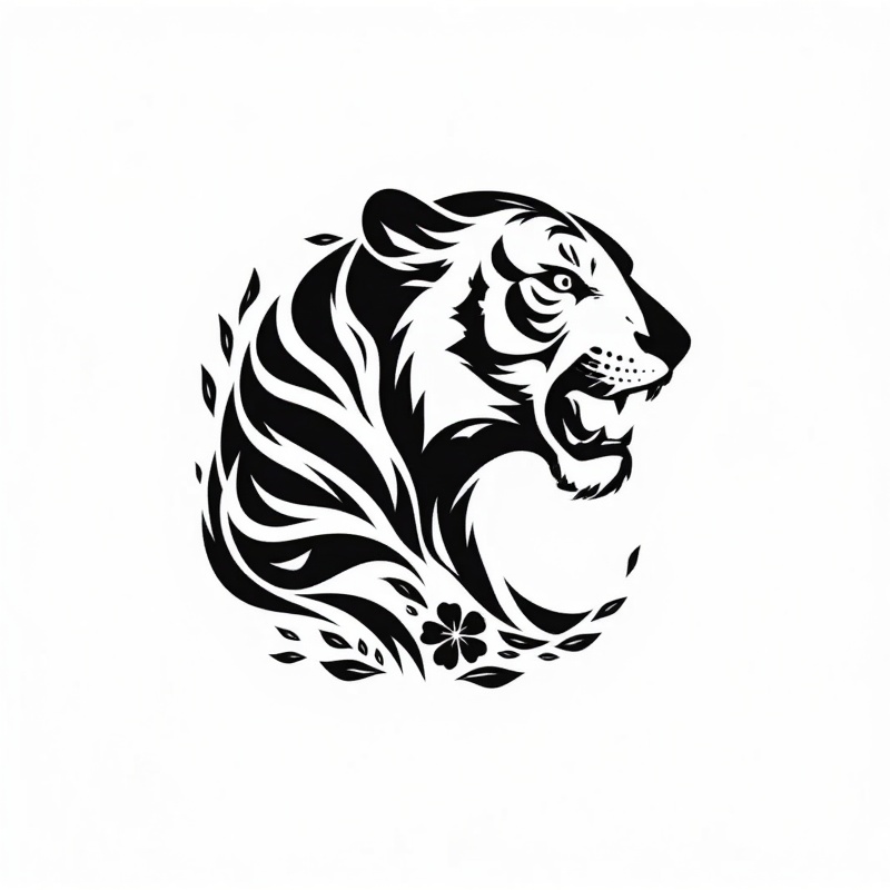 ((HRD, HUD, 8K)),((masterpiece, best quality)), highly detailed,logo, no humans, monochrome, white background, solo, simple background, tiger, flower, english text,  ,<lora:熊猫动漫画风logo (3):1>,