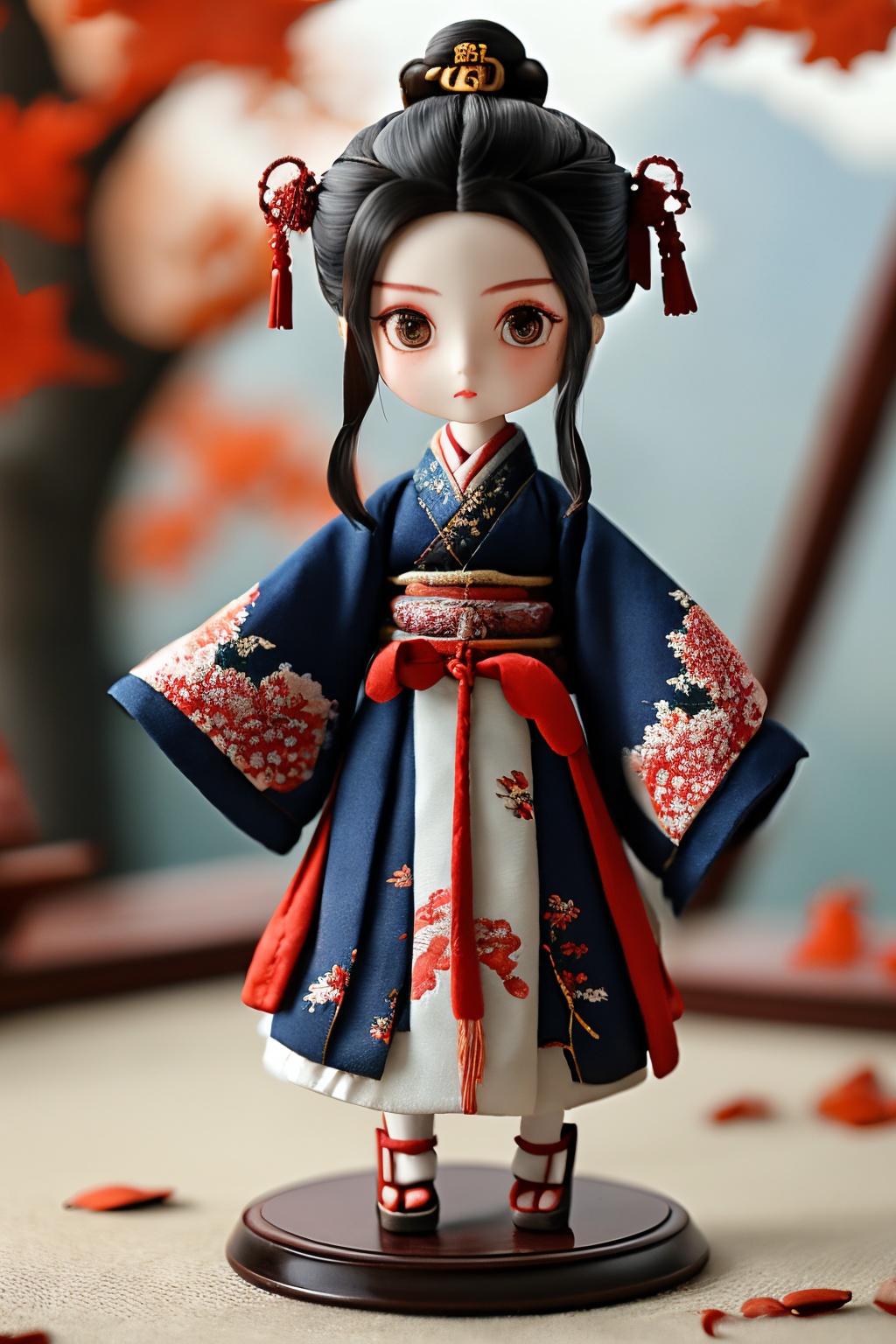 PPMT01,1girl,solo,looking at viewer,long sleeves,black hair,blurry background,full body,standing,sleeves past wrists,chinese clothes,<lora:PPMT1.5-000008:0.8>,, masterpiece, best quality,