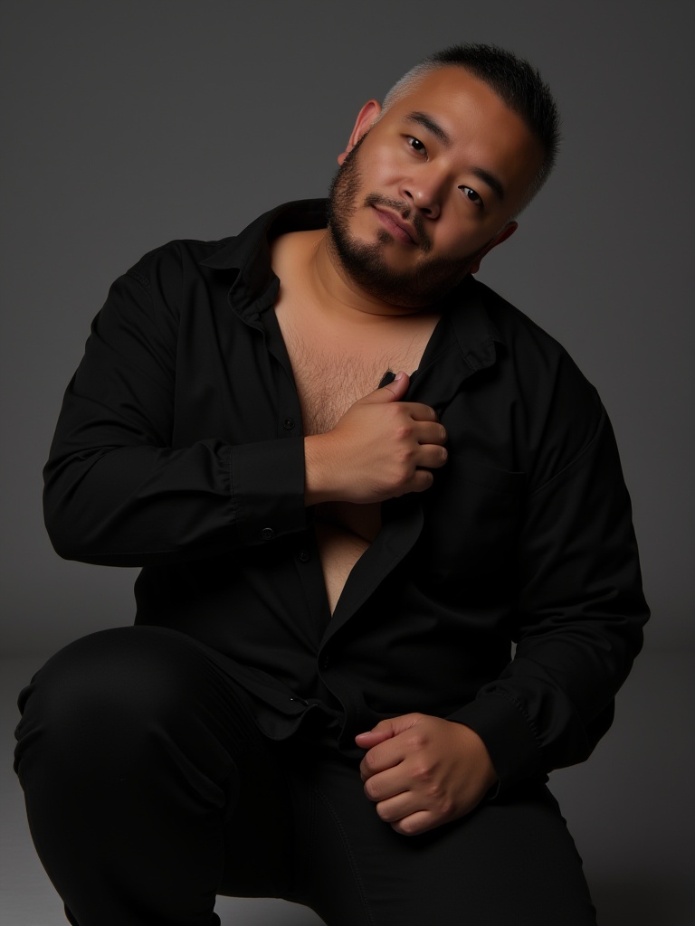 EUCUBIRONM,A man in a black shirt sitting on his knees with an unbuttoned top,revealing part of himself.,