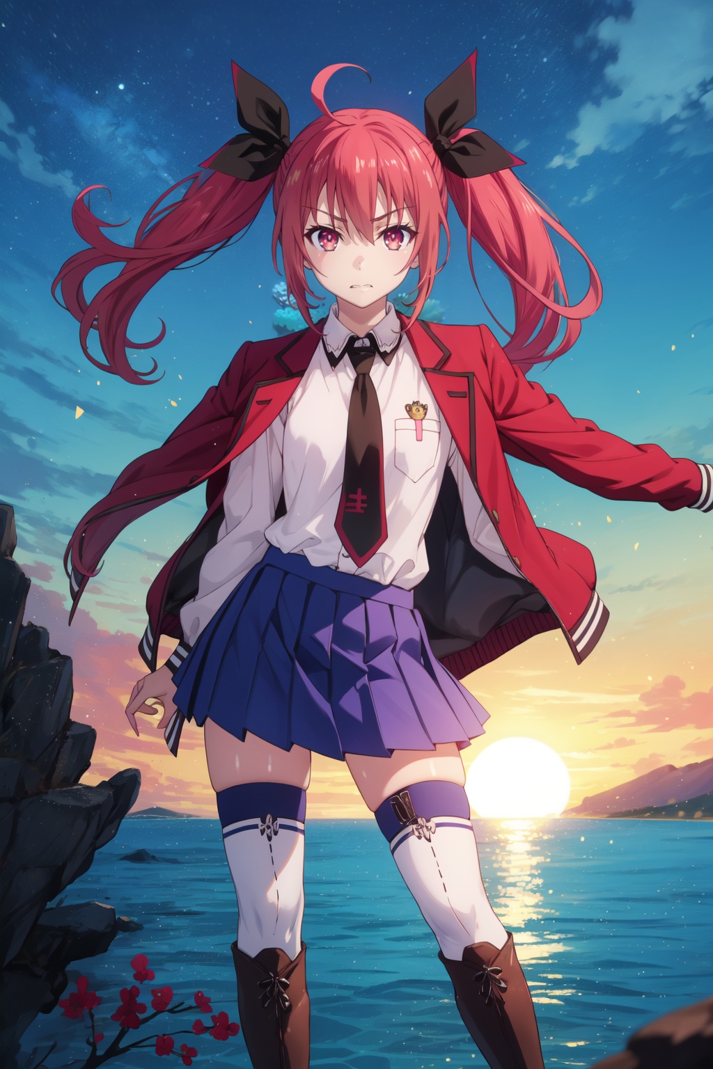 <lora:Kotori-000010:0.8>,Kotori cyql,1girl,looking at viewer,solo,twintails,red hair,ahoge,long hair,ribbon,hair ribbon,red eyes,school uniform,white shirt,jacket on shoulders,necktie,skirt,thighhighs,boots,thigh boots,Angry, tightened jaw, squinted eyes, and raised eyebrows.,full_shot,beautiful face,beautiful eyes,glossy skin,shiny skin,Coral, Fish, Seaweed, Sunlight, Clear water, Diverse marine life, Colorful, Serenity,(Tropical plants, Sunset hues, Exotic foliage, Evening glow, Tropical oasis, Serene atmosphere:0.6),beautiful detailed sky,beautiful detailed glow,posing in front of a colorful and dynamic background,masterpiece,best quality,beautiful and aesthetic,contrapposto,female focus,wallpaper,fashion,
