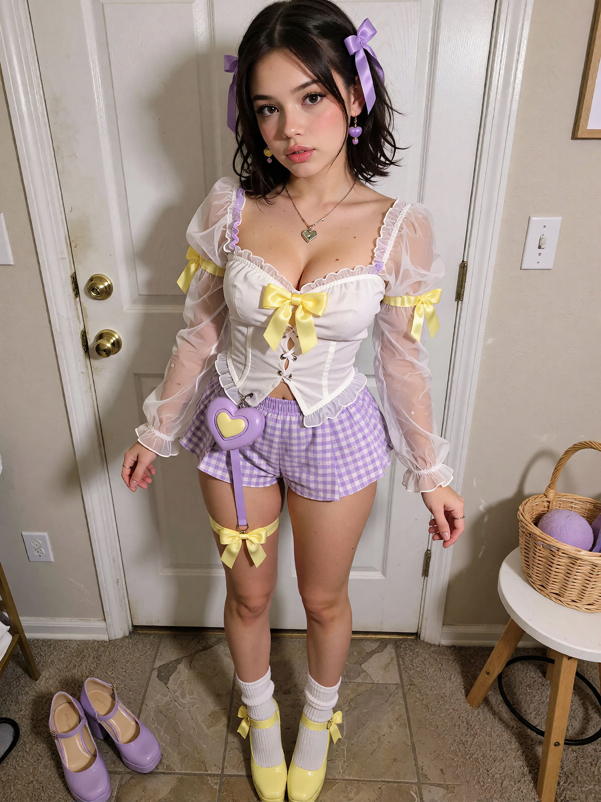 photo of a 28yo woman wearing Idol type fashion with cute design and lots of accessories ,  full body,  indoors on Tensor.Art