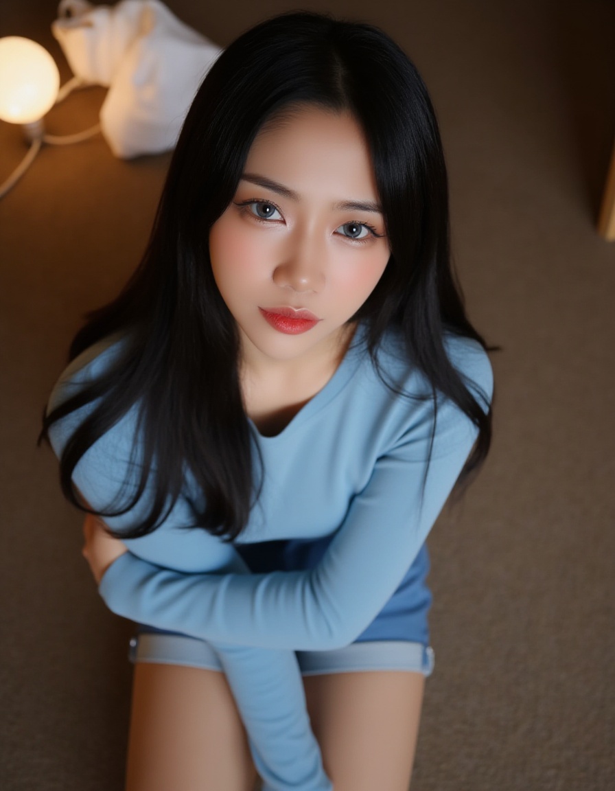 a young Asian woman with long dark hair,wearing a light blue long-sleeved t-shirt and blue shorts,is seated on a brown carpeted floor. Her left hand is draped over her right shoulder,adding a touch of color to the scene. The woman's eyes are a piercing blue,and her lips are a pinkish-pink. Her hair is cascading down her shoulders,framing her face. A light bulb is emitting from the top of her head,casting a shadow on the left side of the image.,