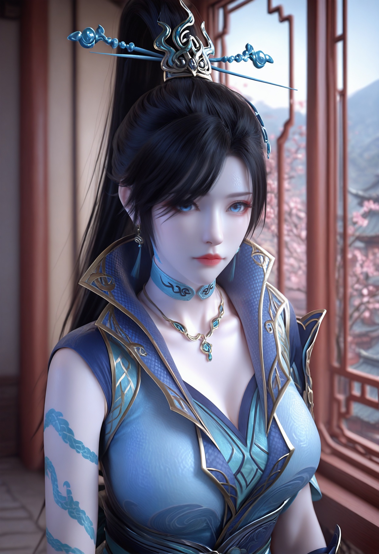Qing_ling,1girl,jewelry,earrings,hair ornament,blue eyes,black hair,hair bun,necklace,single hair bun,looking at viewer,tattoo,hair stick,high ponytail,cowboy shot,<lora:Qing_ling_10_illu-000004:0.75>,gloves,fingerless gloves,collar,official alternate costume,chinese clothes,sash,blue dress,choker,hip vent,scales,photorealistic,hyperrealistic,<lora:realistic filter [IL]:1>,(pale skin:1.1),standing,(upper body:1.5),close up,head shot,lantern,open window,looking at viewer,indoors,mountains,blossoms,flowers,east asian architecture,beautiful sunrise,warm ambient temperature,