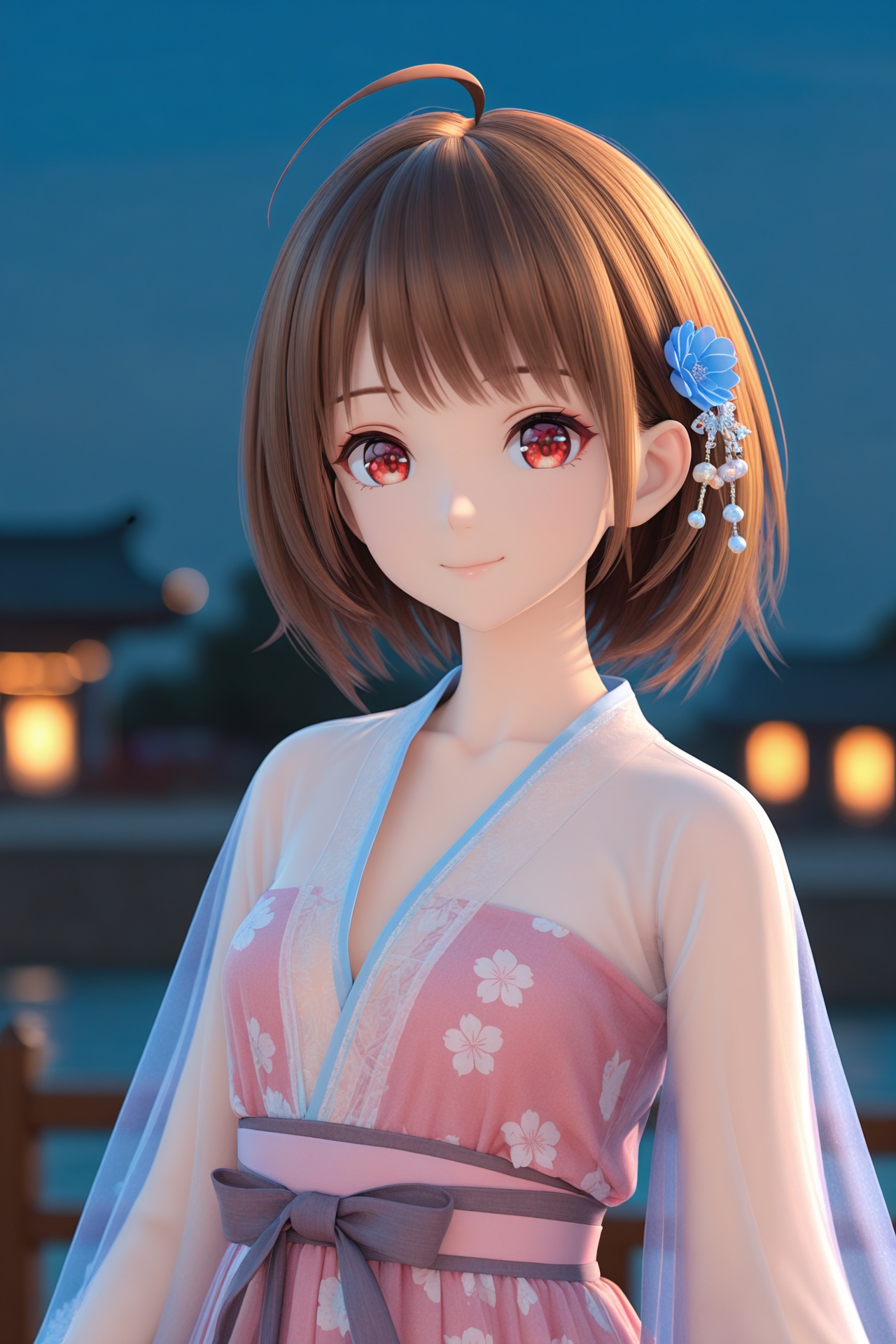 (masterpiece),(best quality),illustration,ultra detailed,hdr,Depth of field,(colorful),mmd,night,1girl,solo,red eyes,looking at viewer,hair ornament,short hair,upper body,brown hair,blurry,ahoge,bangs,see-through,depth of field,hanfu,smile,floral print,closed mouth,