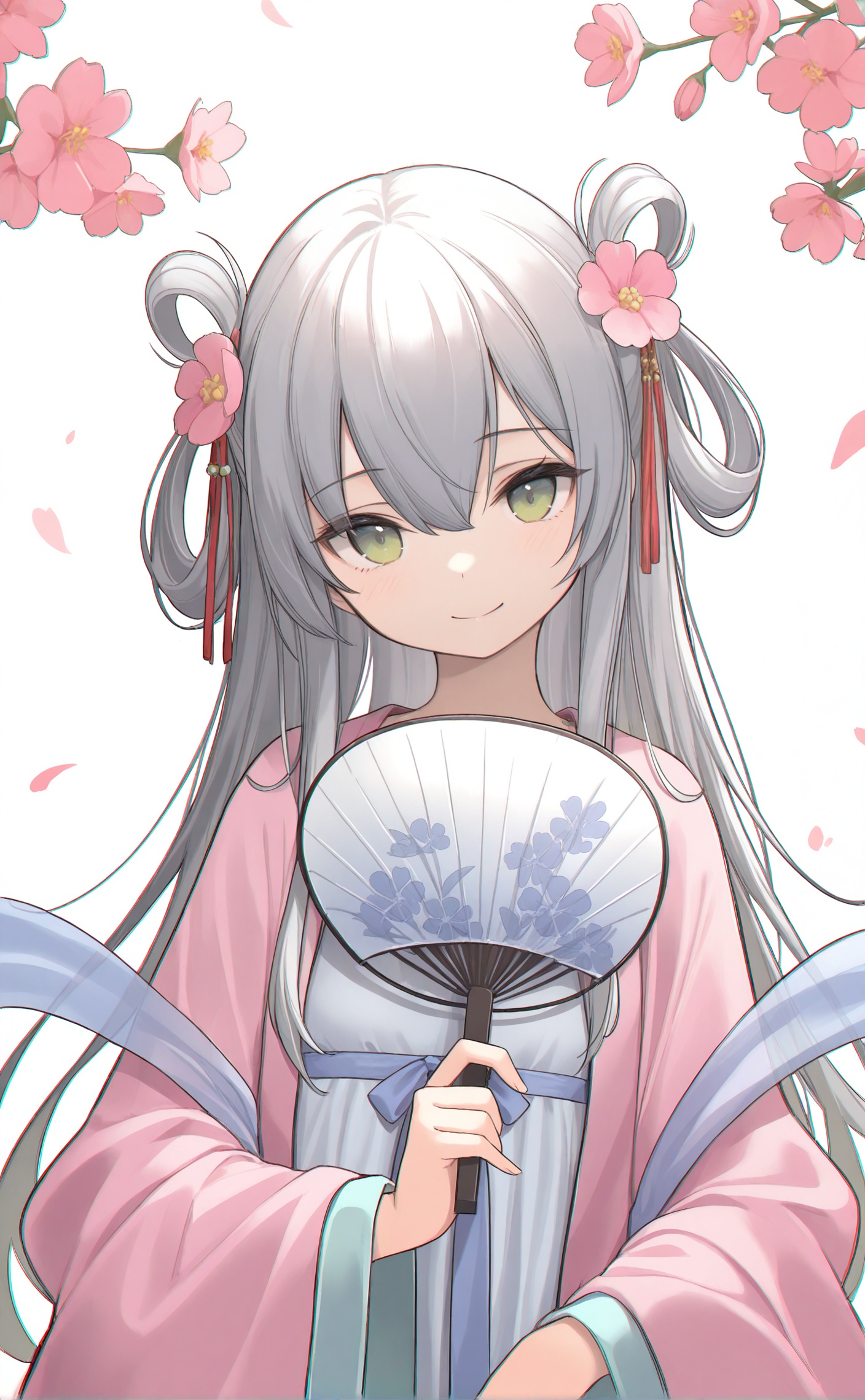 masterpiece,absurdres,best quality,loli,((petite)),high quality,chromatic_aberration,//,1girl, solo, long hair, looking at viewer, smile, bangs, hair ornament, long sleeves, white background, ribbon, holding, hair between eyes, closed mouth, green eyes, upper body, flower, grey hair, hair flower, wide sleeves, head tilt, petals, chinese clothes, hand fan, hair rings, shawl, holding fan, paper fan, uchiwa, hagoromo, hanfu,<lora:12.3.2:0.8>,